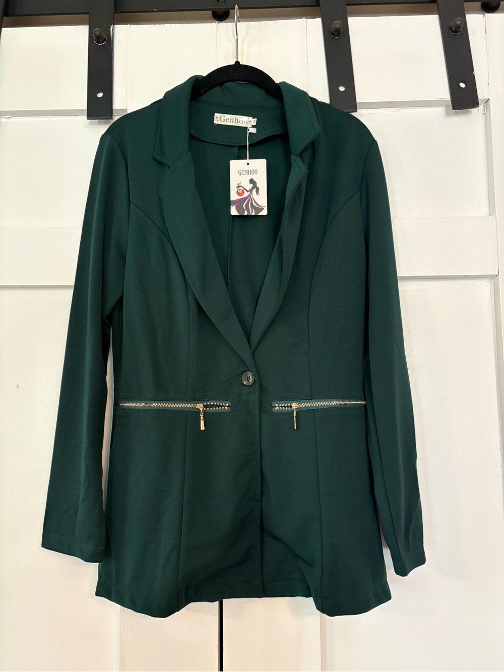 Women’s Dark Green Single-Button Blazer with Zip Pockets